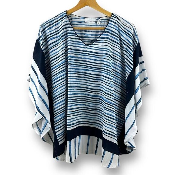 Susan Graver Women's M Lightweight Poncho Blue Multi Stripe Boho Beach Coastal - Picture 1 of 6